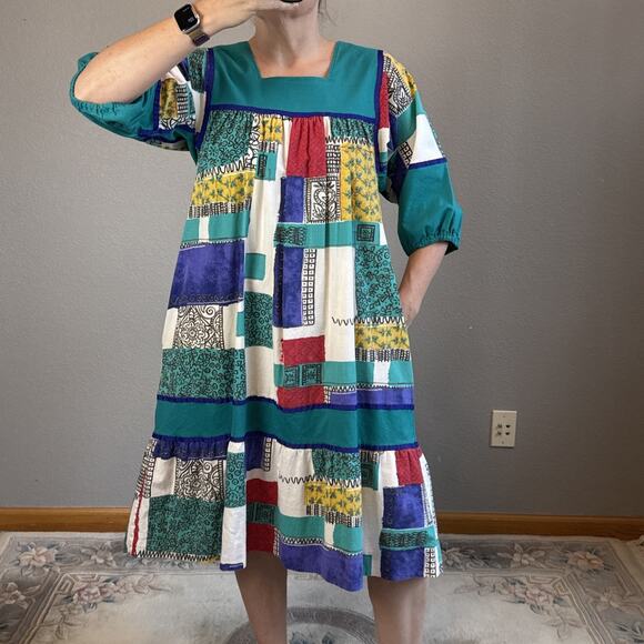 Krist Gudnason Vintage Midi Lounge Caftan Patchwork Dress Size L Pockets MuuMuu - Picture 1 of 9